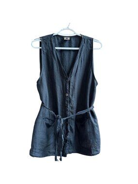 Homefrocks Santa Fe 100% Linen Vest Size L Gray Waist Tie Lagenlook Minimalist